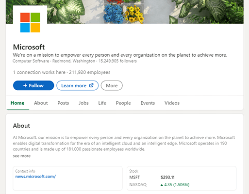 Microsoft LinkedIn page